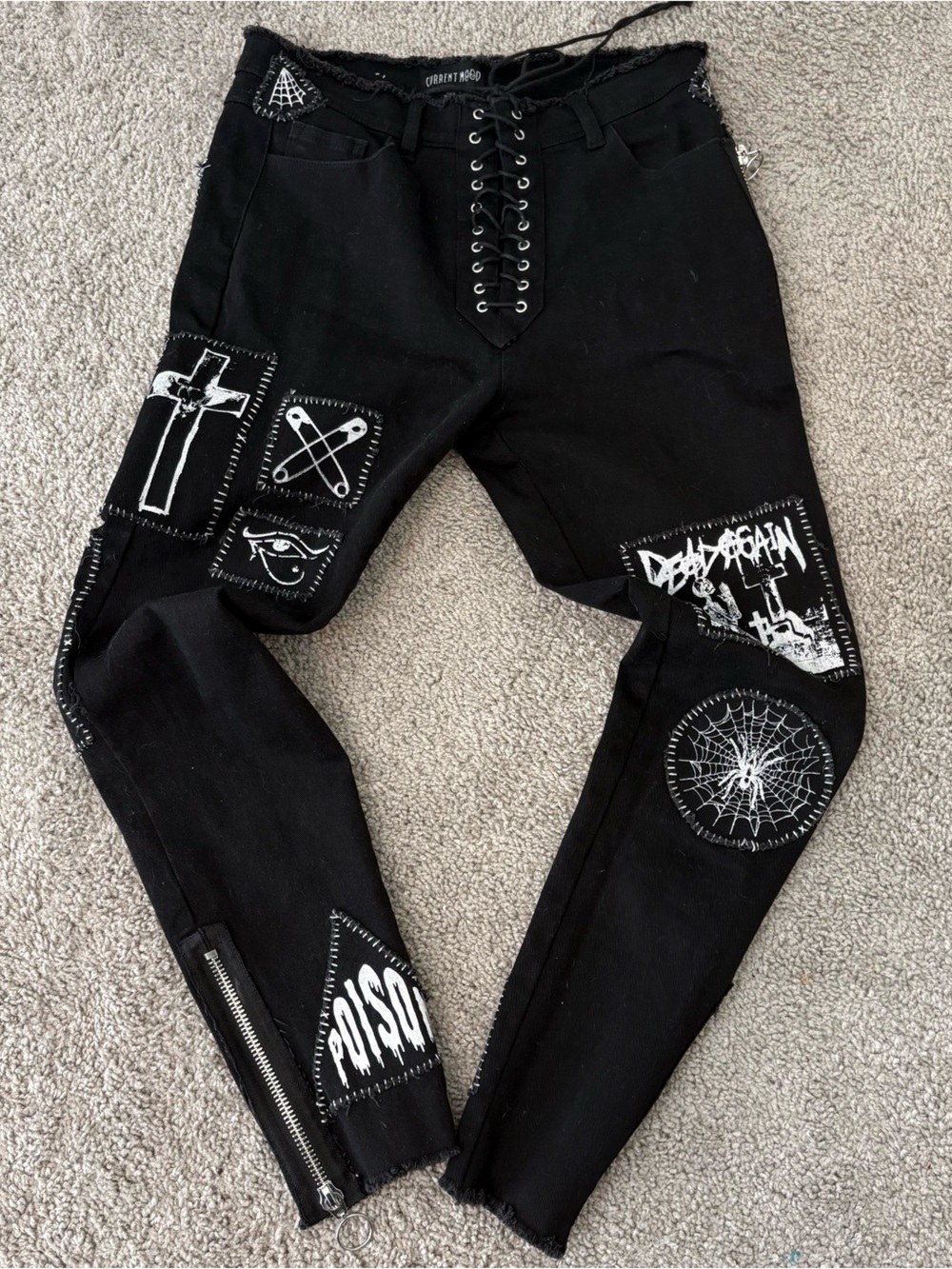 Current Mood Dolls Kill Jeans Womens Large Black Goth Lace Up Closure Gothic